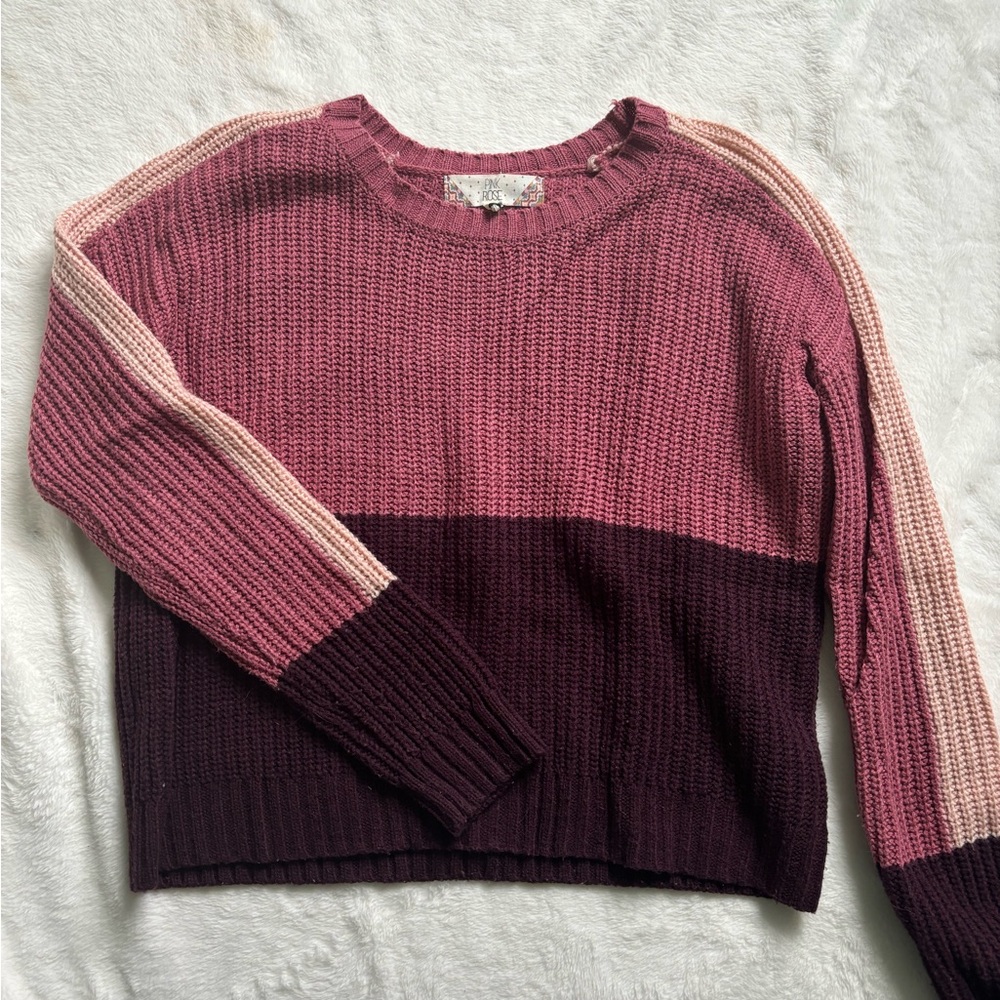 Colorblock Cropped Knit Sweater - Pink and Burgundy